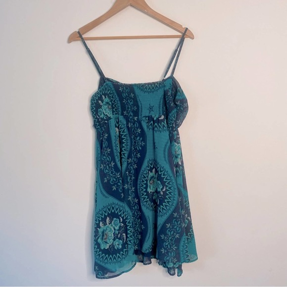 Free People Size L Eternal Spring Babydoll Boho Mini Dress Blue Floral - Picture 12 of 15